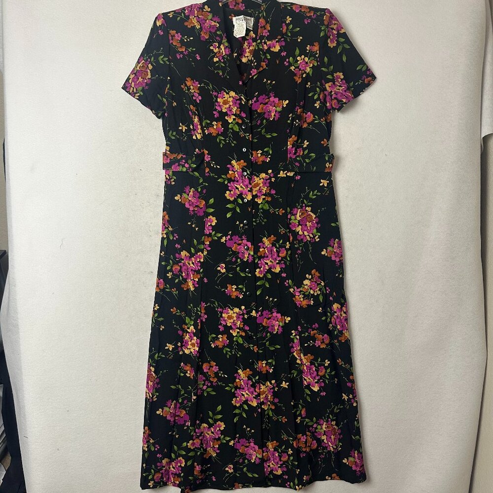 Vintage dress size 10 dark floral short sleeve maxi button‎ up whimsigoth fairy